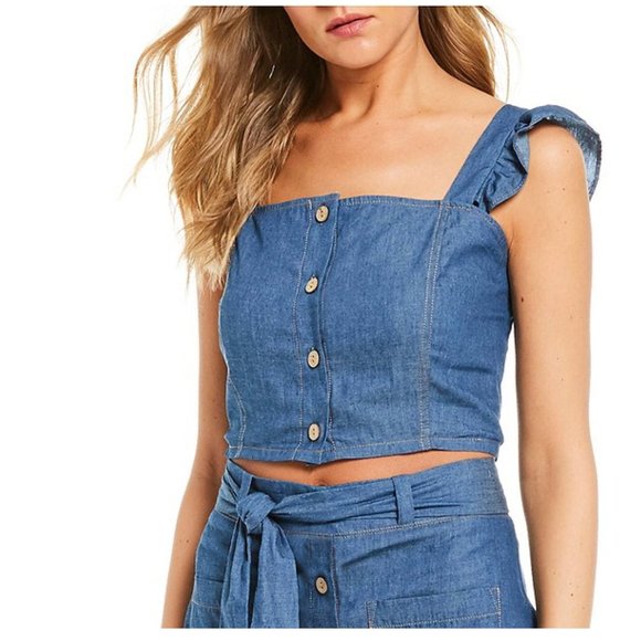 Tops - NWT - Denim Flutter Sleeve Button Front Crop Top